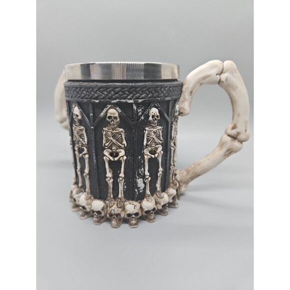 Set Of (2) Skeletons & Skulls 3-D Tankard Stainless Steel Goth Drinking Mug/ Cup - Picture 4 of 8